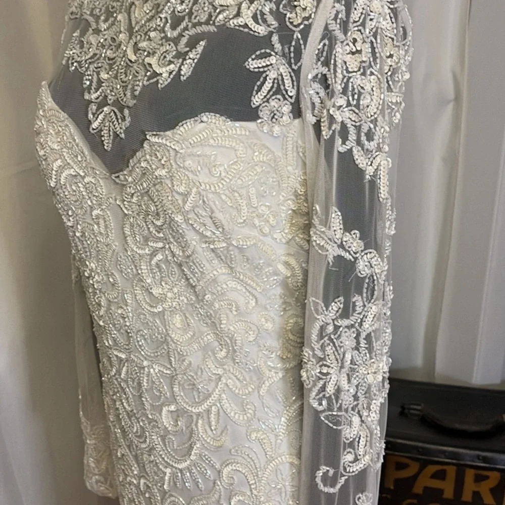 Ivory sequined wedding dress size 8 sheer beaded bodice and long sleeves long - Picture 2 of 9
